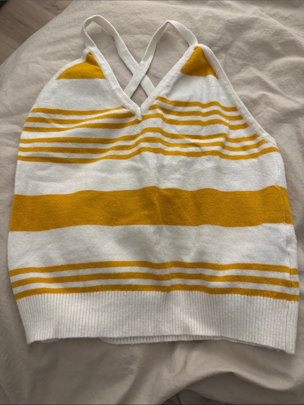 Striped Halter Knit Tank Top - White & Mustard Yellow